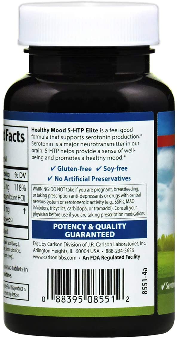 Carlson - Healthy Mood 5-HTP Elite, 100 mg, Serotonin Production, Healthy Mood &amp; Promotes Relaxation, Natural Raspberry Flavor, 120 Tablets