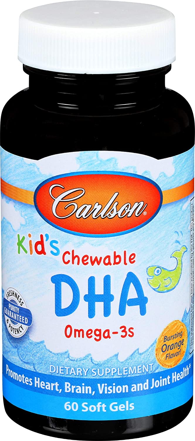 Carlson - Kid&#39;s Chewable DHA, 100 mg DHA, Brain &amp; Vision Function, Growth &amp; Development, Orange, 60 Chewable Softgels