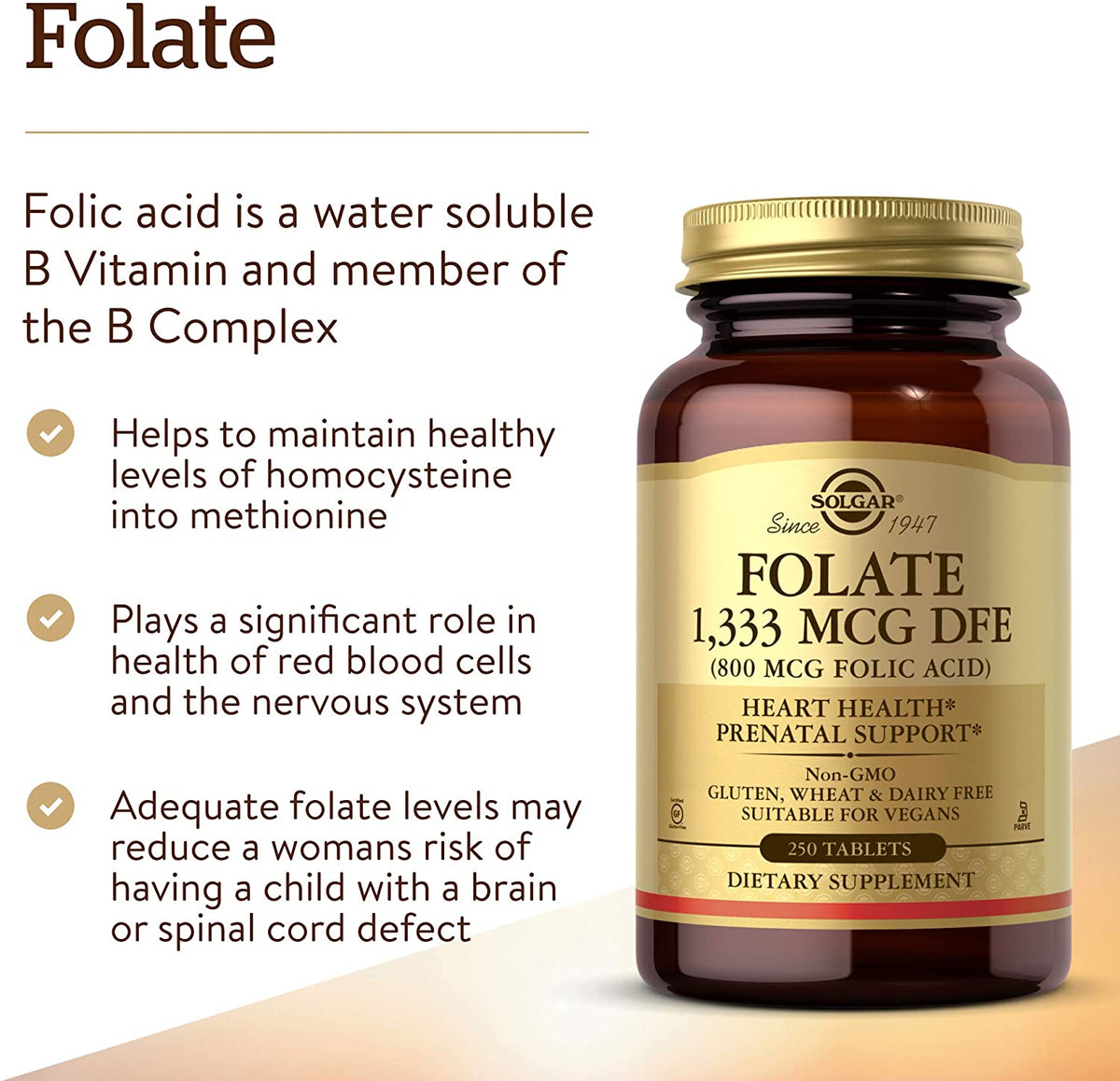 SOLGAR Folate 1,333 mcg DFE (Folic Acid 800 mcg) - 250 Tablets - Prenatal Support - Non-GMO, Vegan, Gluten Free, Dairy Free, Kosher, Halal - 250 Servings
