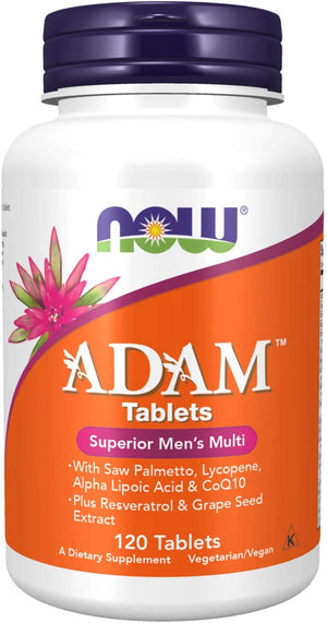 NOW Supplements, ADAM Men's Multivitamin with Saw Palmetto, Lycopene, Alpha Lipoic Acid and CoQ10, Plus Natural Resveratrol & Grape Seed Extract,Tablets,120 Count