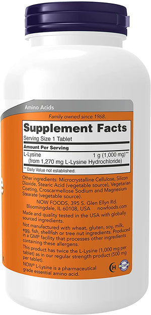 NOW Double Strength L-Lysine, 1000 mg, 250 Tablets