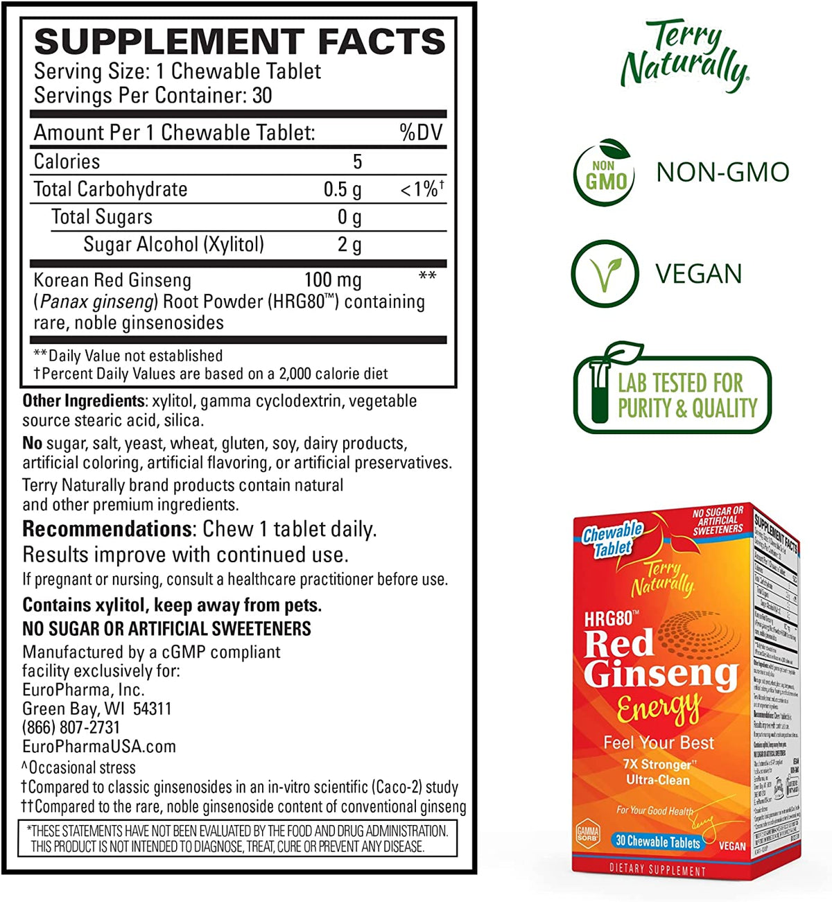 Terry Naturally HRG80 Red Ginseng Energy – 30 Easy Chew Tablets – Energy Support Supplement – Korean Red Ginseng Root Powder, Panax Ginseng, HRG80, Non-GMO, Vegan, Gluten Free – 30 Servings