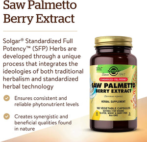 Solgar Saw Palmetto Berry Extract, 180 Vegetable Capsules - Men’s Health - Supports Prostate & Urinary Health - Standardized Full Potency (SFP) - Vegan, Gluten Free, Dairy Free, Kosher - 180 Servings