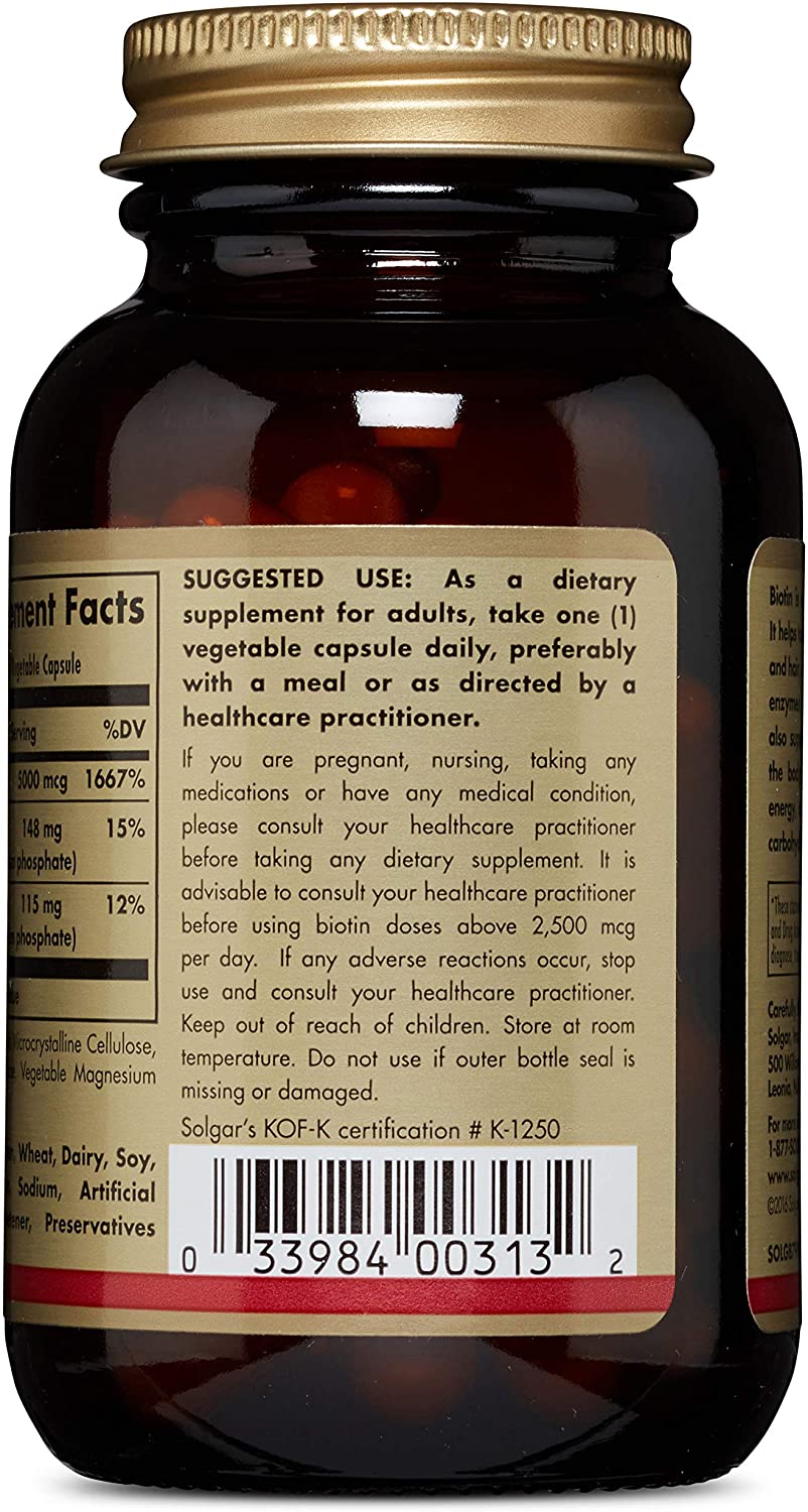 Solgar Biotin 5000 mcg - 50 Vegetable Capsules - Supports Healthy Skin, Nails &amp; Hair - Non-GMO, Vegan, Gluten Free, Dairy Free, Kosher - 50 Servings