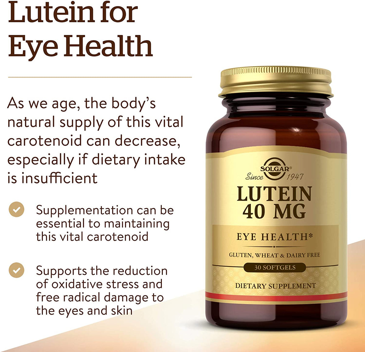 Solgar Lutein 40 mg, 30 Softgels - Supports Eye Health - Helps Filter Out Blue-Light - Contains FloraGLO Lutein - Gluten-Free, Dairy Free - 30 Servings