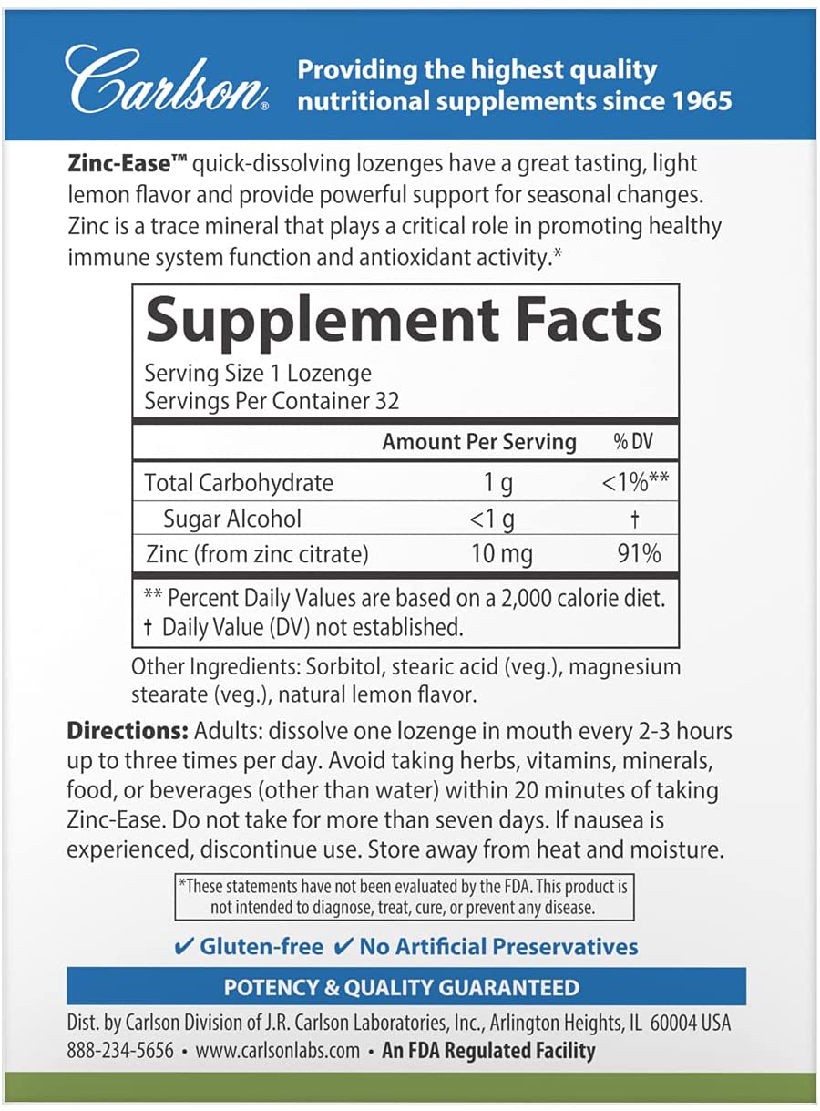 Carlson - Zinc-Ease, Soothing Lozenge, Immune Support & Optimal Wellness, Antioxidant, Lemon (32 Lozenges)