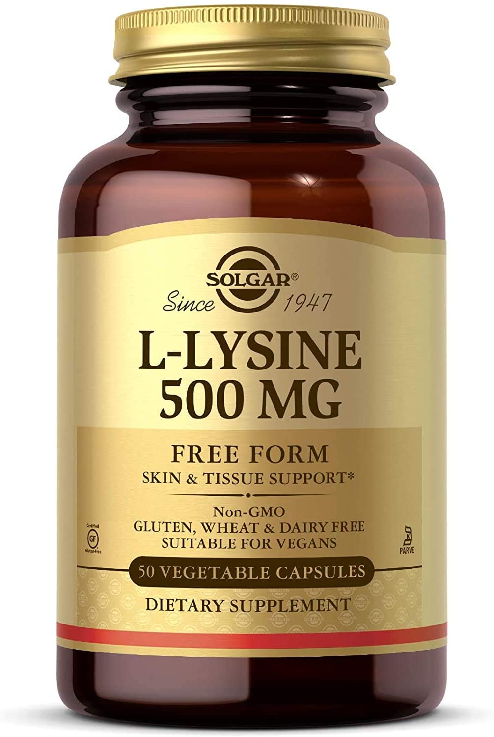 Solgar L-Lysine 500 mg - 100 Vegetable Capsules - Skin &amp; Tissue Support - Non-GMO, Vegan, Kosher, Gluten Free - 100 Servings