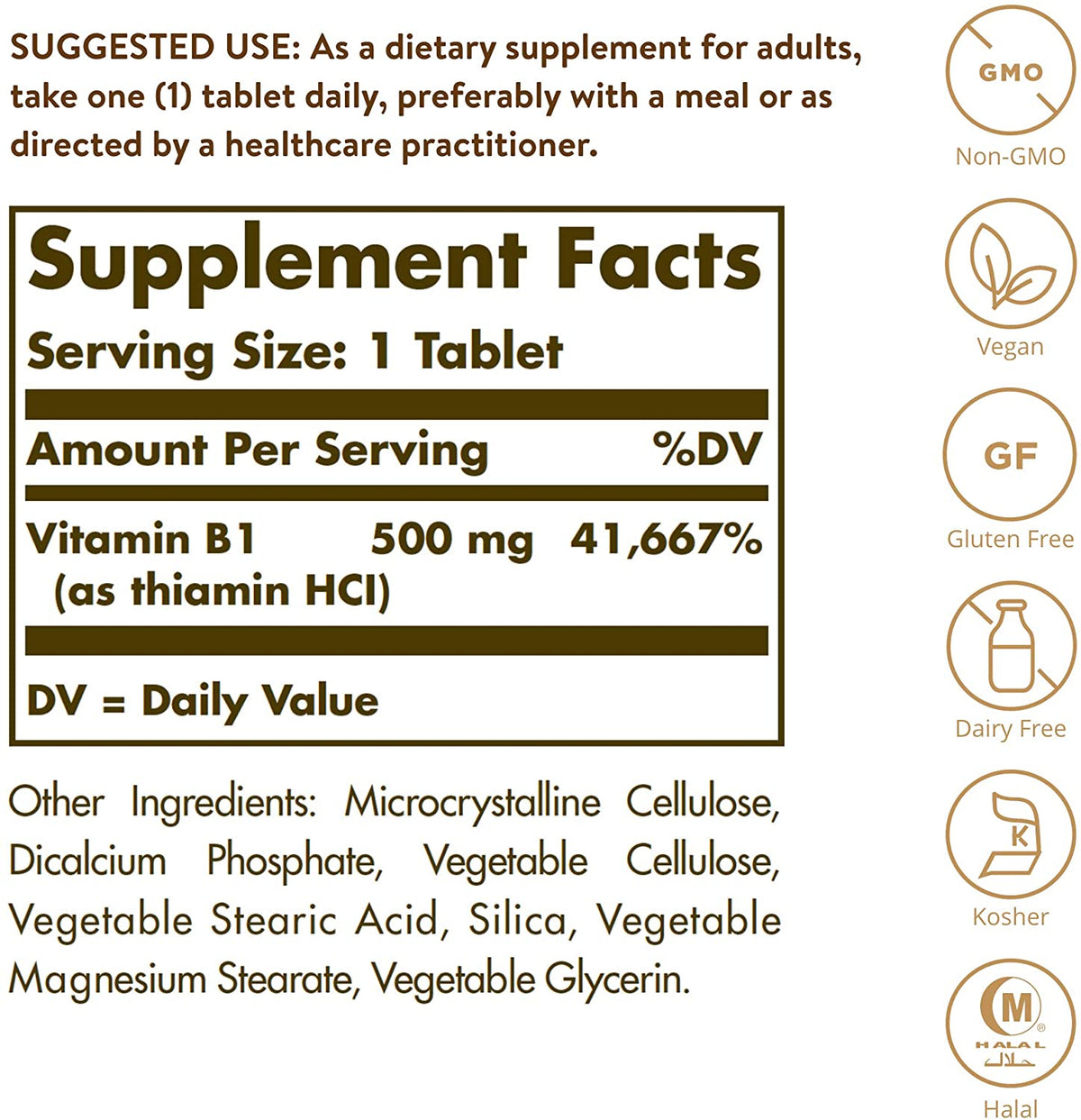 Solgar Vitamin B1 (Thiamin) 500 mg, 100 Tablets - Energy Metabolism, Healthy Nervous System, Overall Well-Being - Super Potency - Non-GMO, Vegan, Gluten Free, Dairy Free - 100 Servings