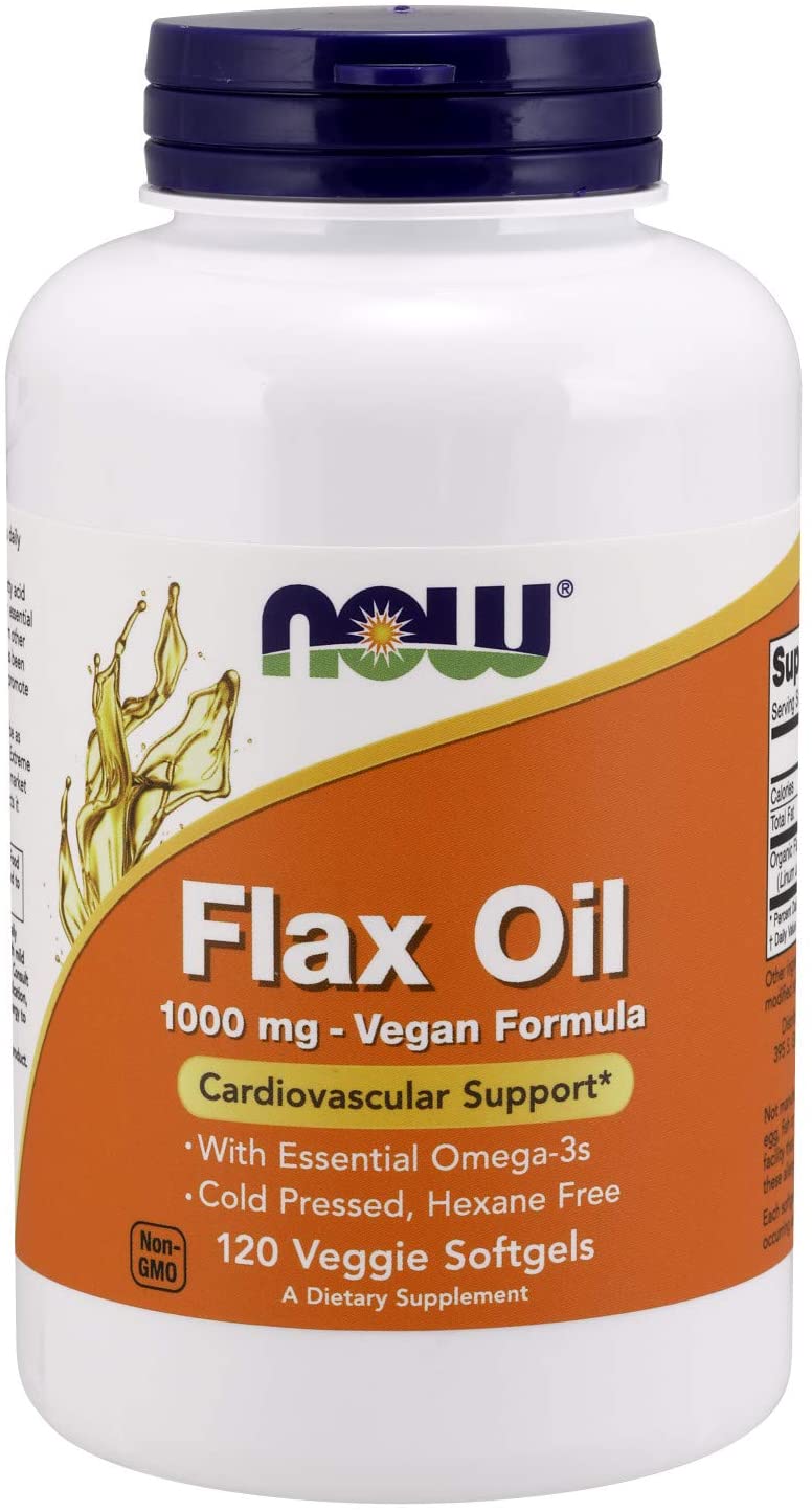 NOW Foods Supplements, Flax Oil 1000 mg with Essential Omega-3s, Cold Pressed, Hexane Free, Vegan Formula, 120 Veg Softgels
