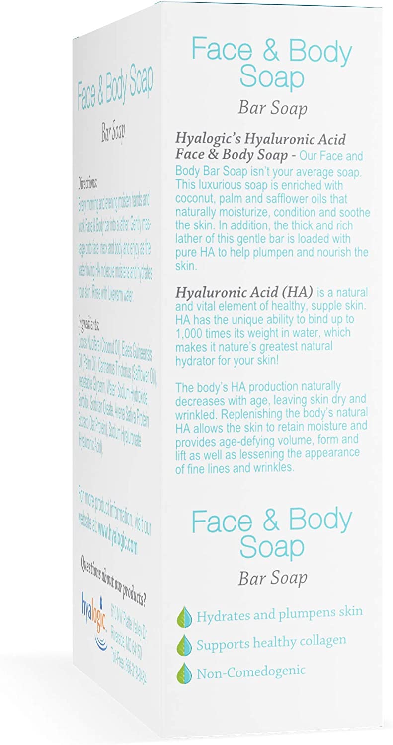 Hyaluronic Acid Hydrating Cleanser Bar Soap by Hyalogic | 4.0 Ounce | Body and Face Cleanser Bar | Fragrance Free and Non-Irritating