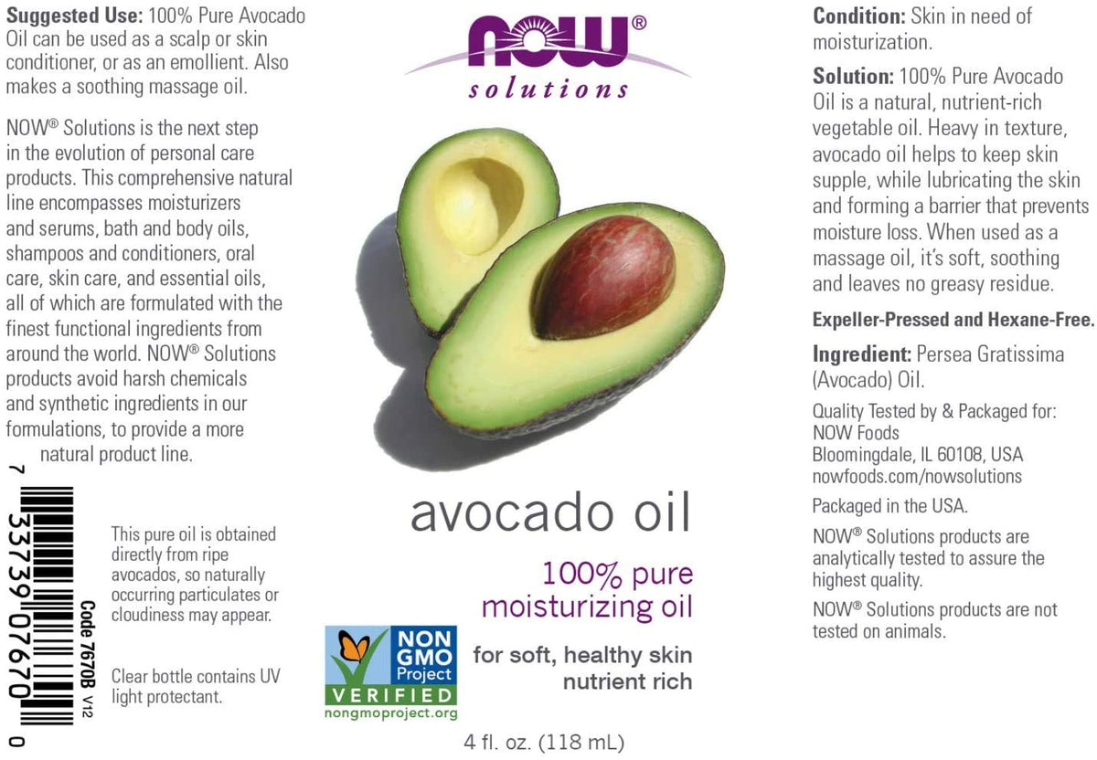 NOW Foods Solutions, Avocado Oil, 100% Pure Moisturizing Oil, Nutrient Rich and Hydrating, 4-Ounce