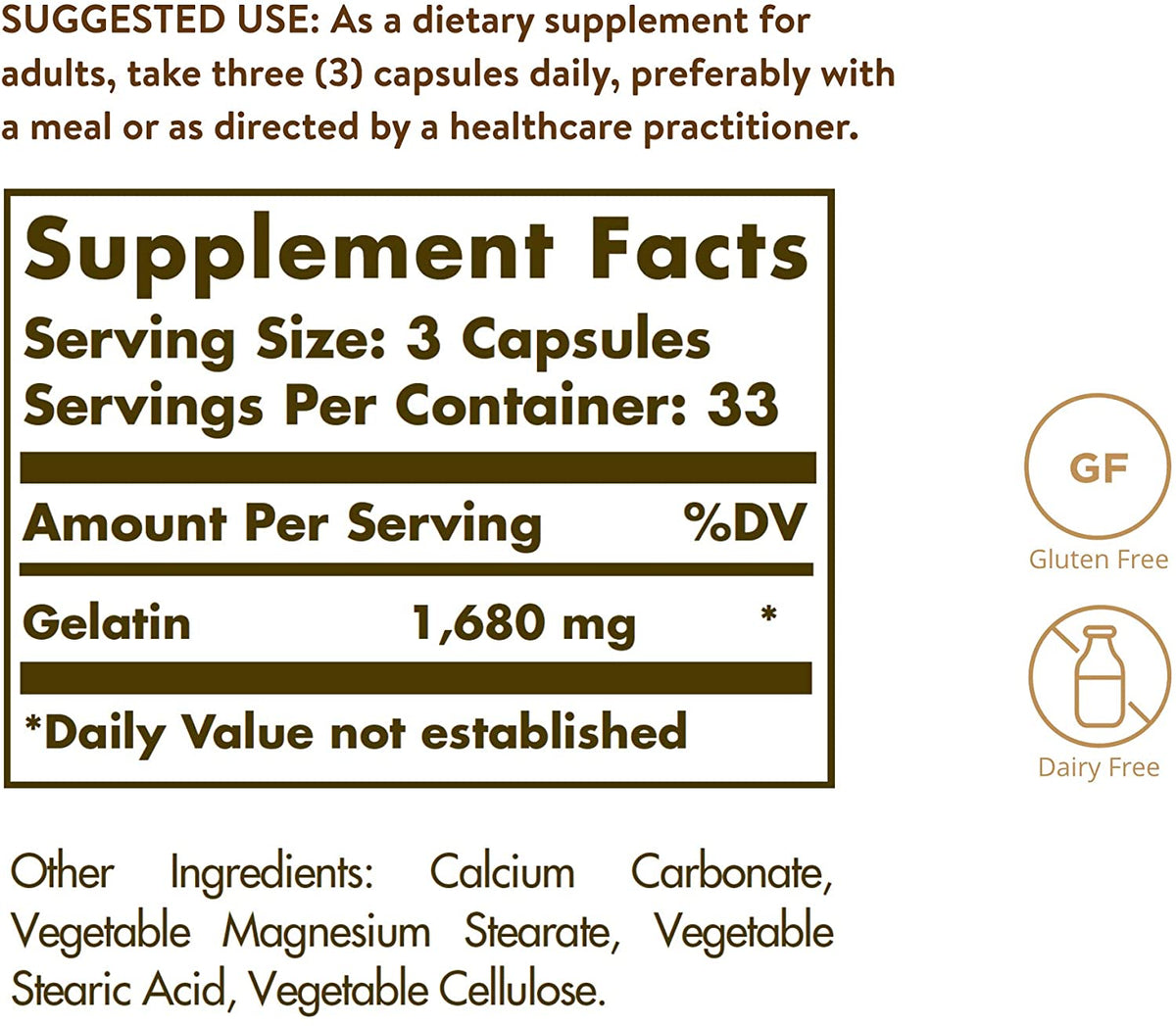 SOLGAR Gelatin - 100 Capsules - Gluten Free, Dairy Free - 33 Servings