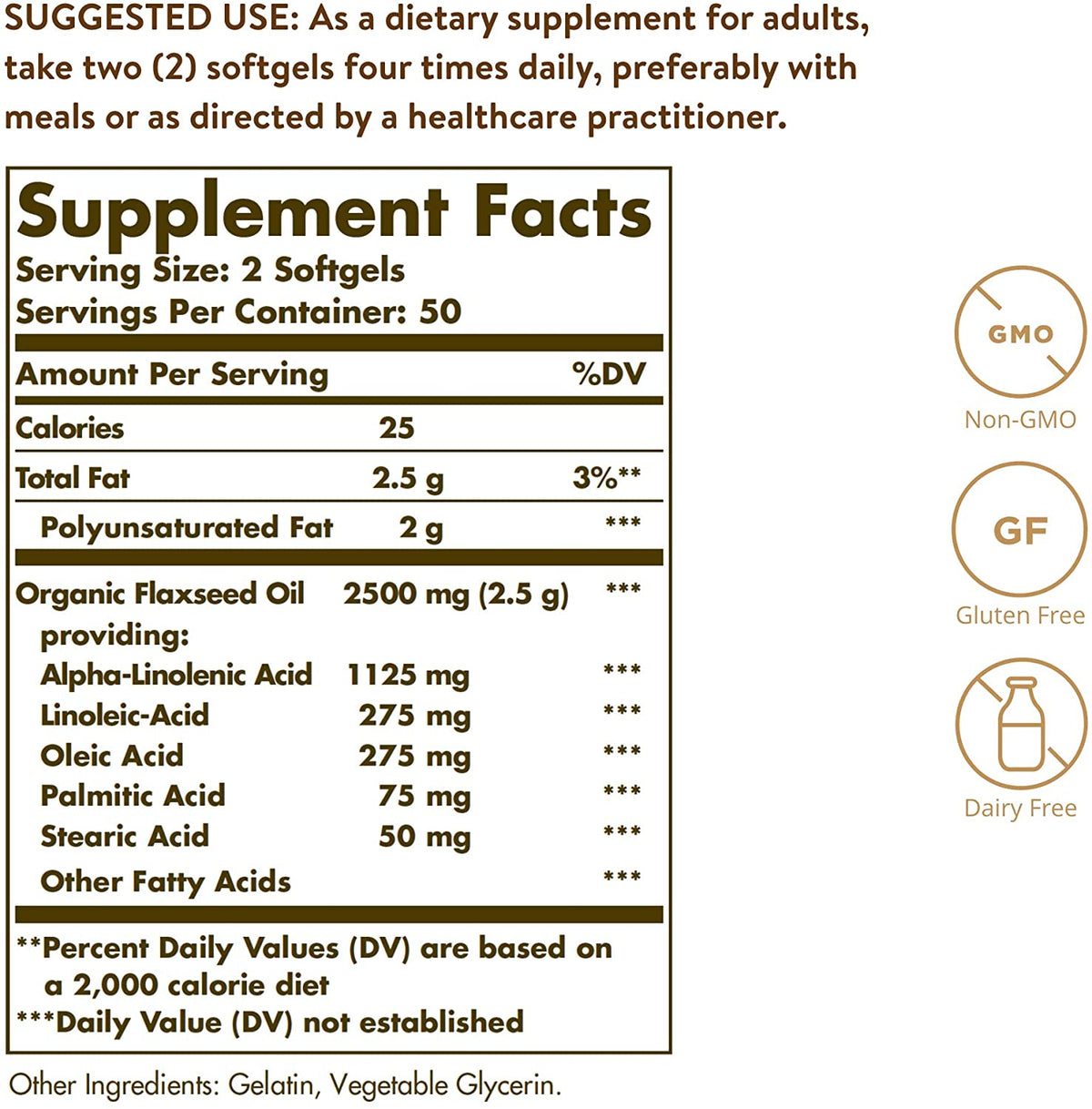 Solgar Flaxseed Oil 1250 mg - 100 Softgels, Pack of 2 - Concentrated Plant Source of Omega-3 Alpha-Linoleic Acid (ALA) - Non-GMO, Gluten Free - 100 Total Servings