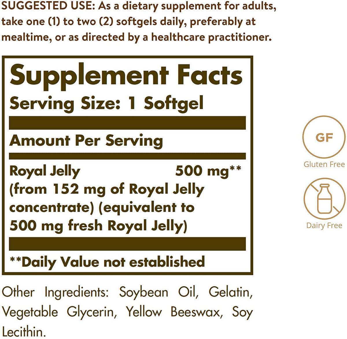Solgar Royal Jelly &quot;500&quot;, 60 Softgels - Nutritional Well Being - Natural Source of Vitamins, Minerals, Amino Acids, Proteins &amp; Carbohydrates - Gluten Free, Dairy Free - 60 Servings