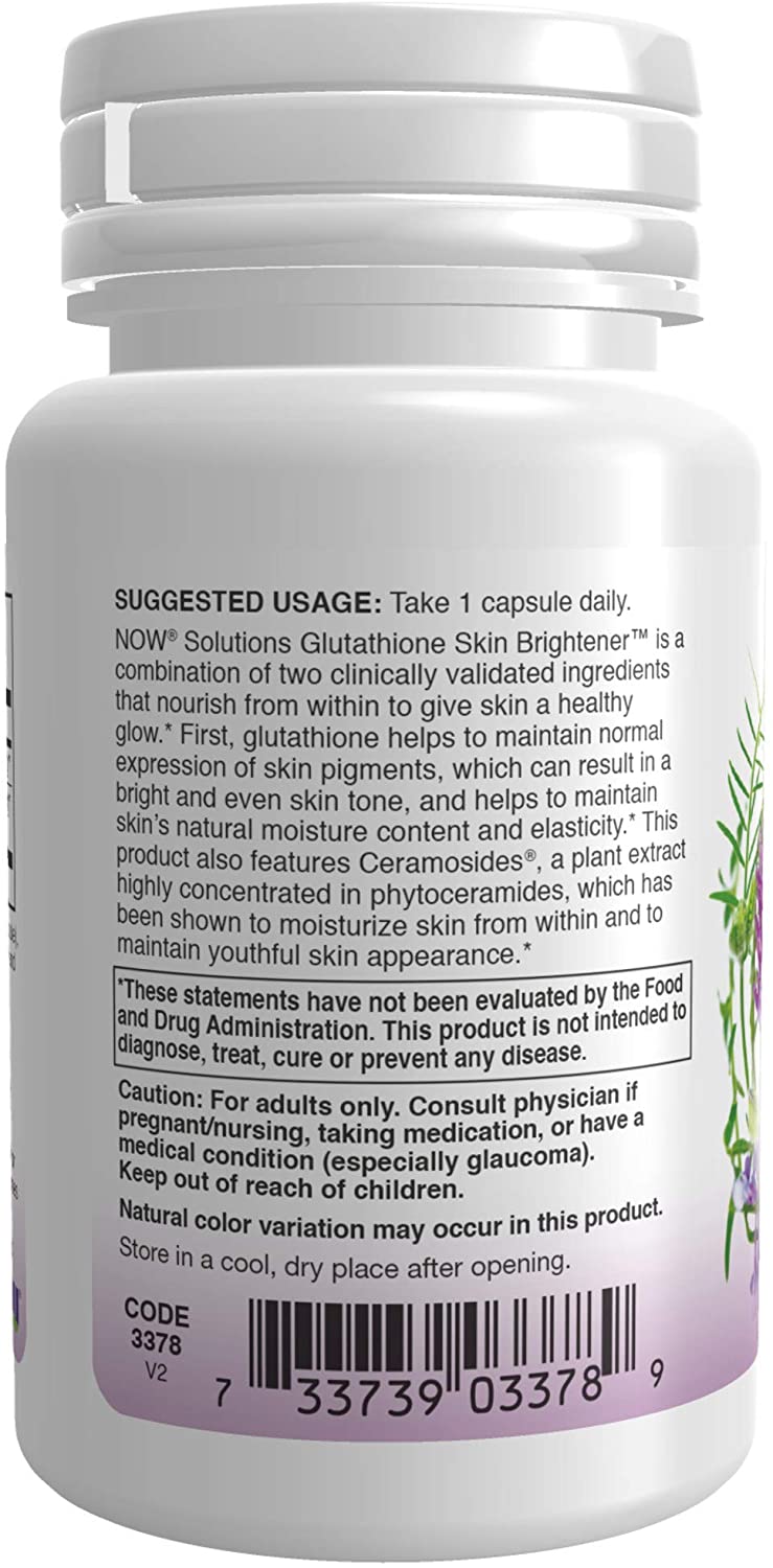 NOW Foods Solutions, Glutathione Skin Brightener with Ceramosides®, Moisturizing and Illuminating, 30 Veg Capsules
