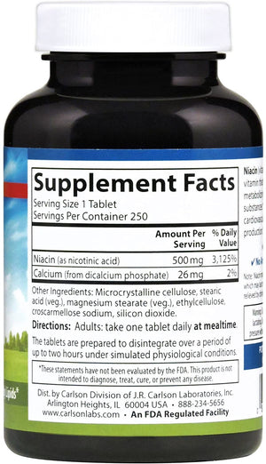 Carlson - Niacin, 500 mg, Cholesterol Metabolism, Energy Production, Heart Health, Nerve Function, 250 Tablets