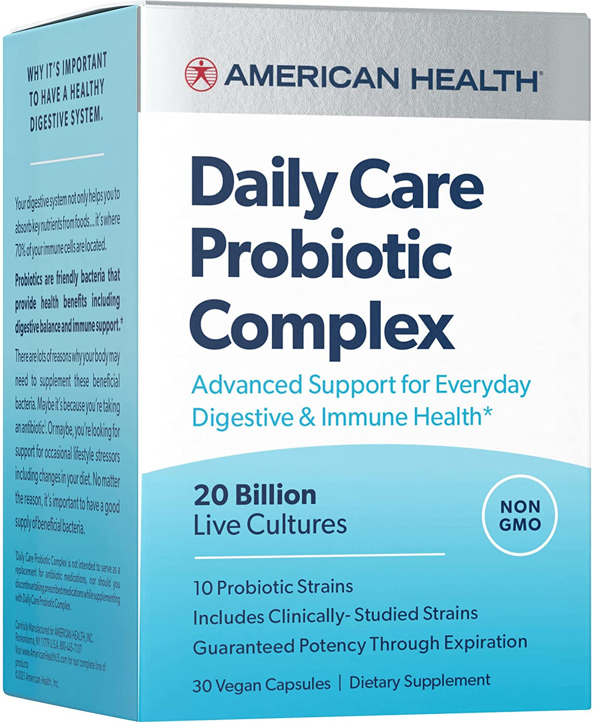 American Health Daily Care Probiotic Complex, 20 Billion Microorganisms - Clinically Studied Strains - Advanced Support for Everyday Digestive &amp; Immune Health - 30 Capsules, 30 Total Servings