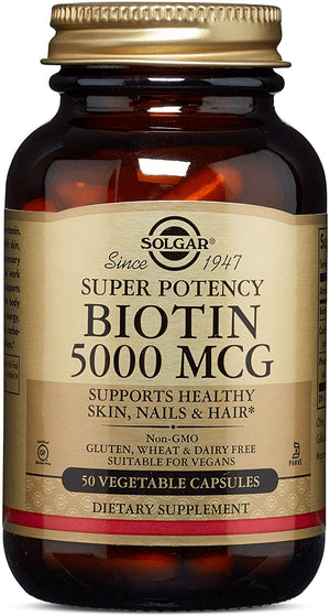Solgar Biotin 5000 mcg - 50 Vegetable Capsules - Supports Healthy Skin, Nails & Hair - Non-GMO, Vegan, Gluten Free, Dairy Free, Kosher - 50 Servings