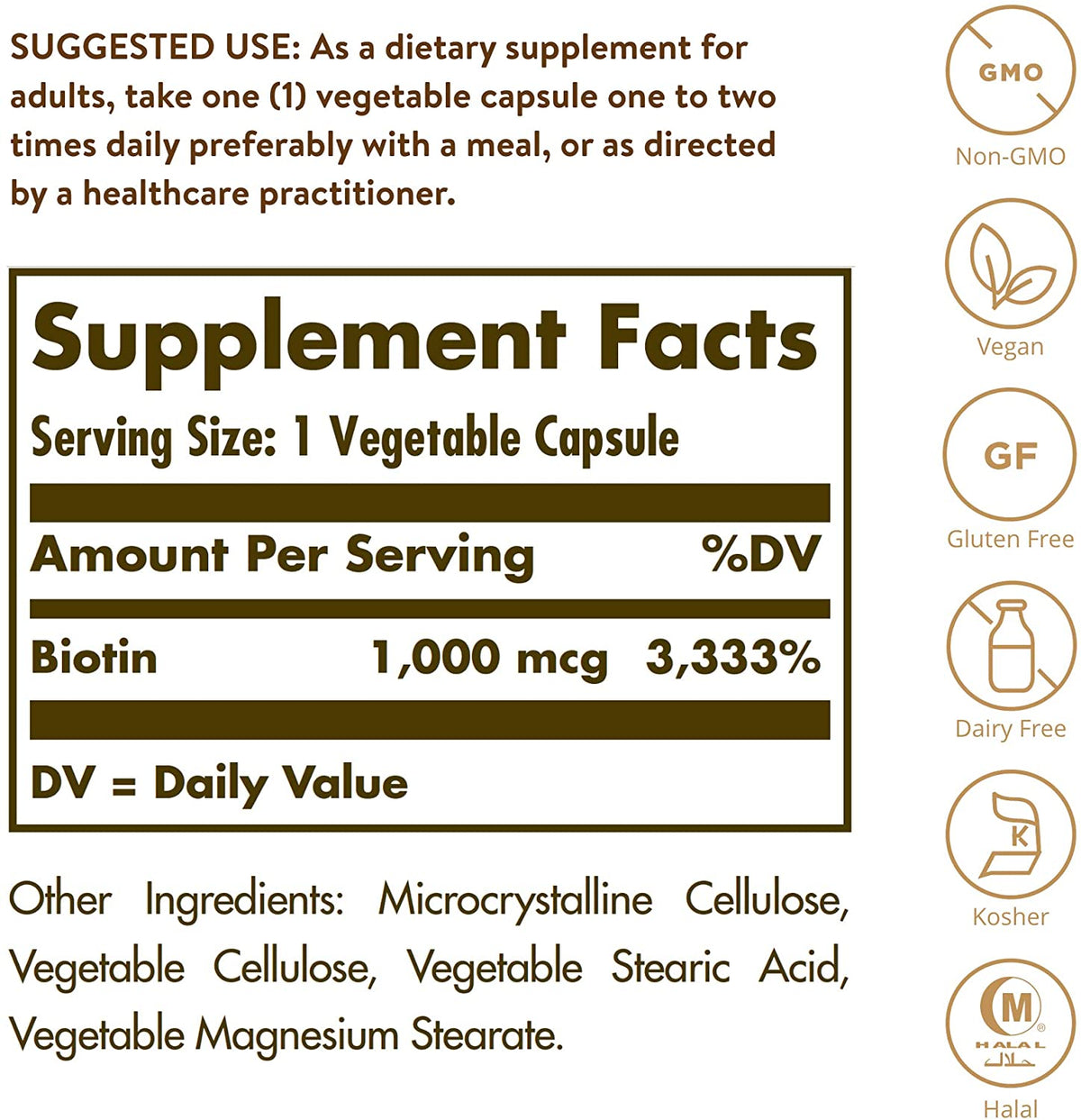 Solgar Biotin 1000 mcg - 100 Vegetable Capsules - Supports Healthy Skin, Nails &amp; Hair - Non-GMO, Vegan, Gluten Free, Dairy Free, Kosher - 100 Servings