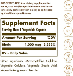 Solgar Biotin 1000 mcg - 100 Vegetable Capsules - Supports Healthy Skin, Nails & Hair - Non-GMO, Vegan, Gluten Free, Dairy Free, Kosher - 100 Servings