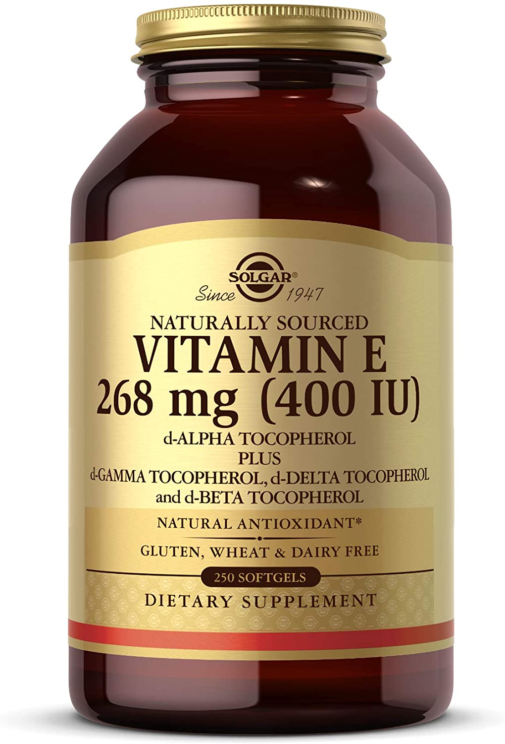 Solgar Vitamin E 268 mg (400 IU), 250 Mixed Softgels - Natural Antioxidant, Skin &amp; Immune System Support - Naturally-Sourced Vitamin E - Gluten Free, Dairy Free - 250 Servings