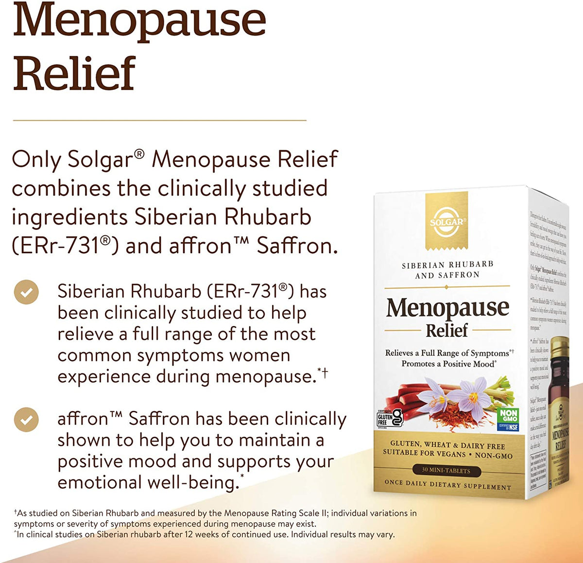 Solgar Menopause Relief - 30 Tablets - Helps Relieve Hot Flashes, Anxiety, Exhaustion, Irritability, Sleep Disturbances &amp; More - Promotes a Positive Mood - Non-GMO, Gluten Free, Vegan