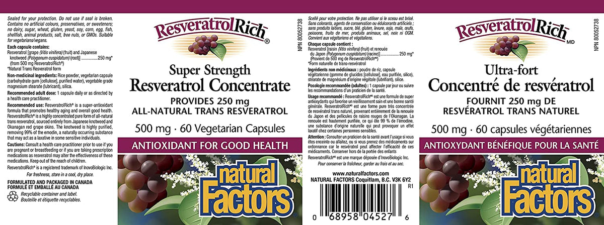 Natural Factors ResveratrolRich™ Resveratrol Concentrate Super Strength, 250 mg, 60 Vegetarian Capsules