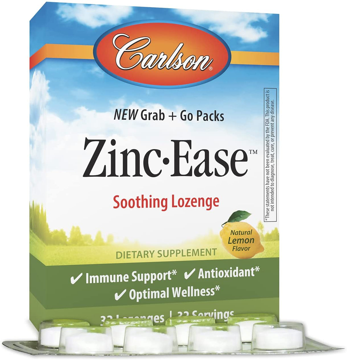 Carlson - Zinc-Ease, Soothing Lozenge, Immune Support & Optimal Wellness, Antioxidant, Lemon (32 Lozenges)