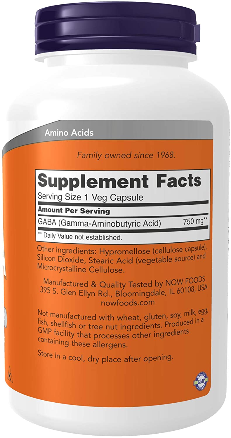 NOW Foods Supplements, GABA (Gamma-Aminobutyric Acid) 750mg, Neurotransmitter Support*, 200 Veg Capsules