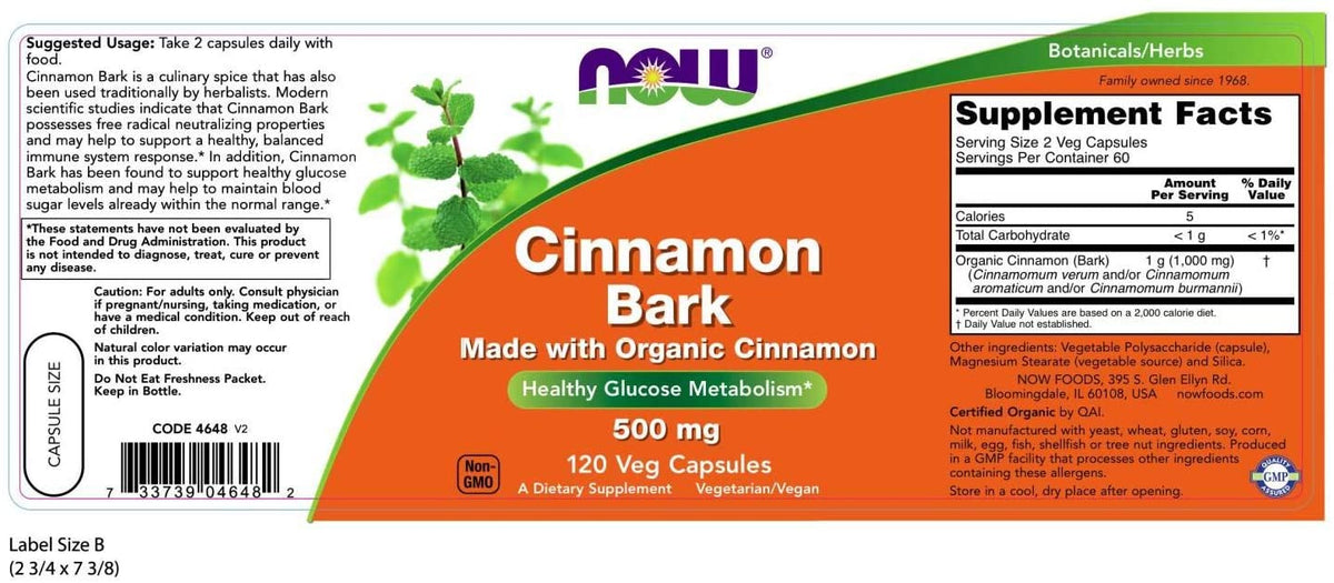 NOW FOODS -Cinnamon Bark 500 mg, Organic - 120 Veg Capsules