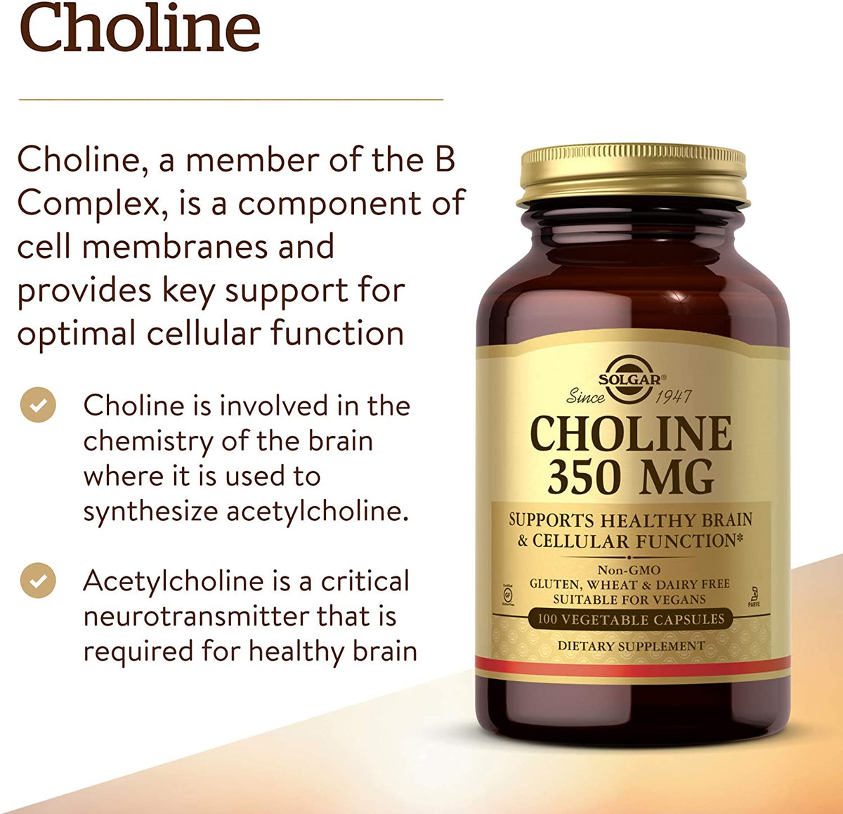 Solgar Choline 350 mg, 100 Vegetable Capsules - Supports Healthy Brain &amp; Cellular Function - Vegan, Gluten Free, Dairy Free, Kosher - 100 Servings