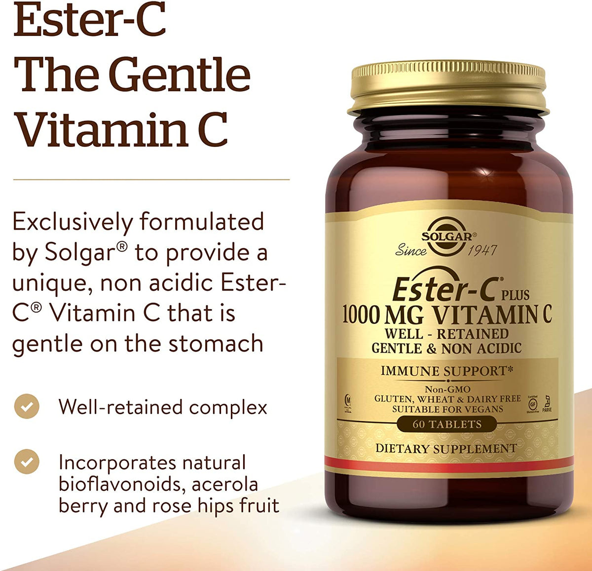 Solgar Ester-C Plus 1000 mg Vitamin C (Ascorbate Complex), 60 Tablets - Gentle On The Stomach &amp; Non Acidic - Antioxidant &amp; Immune System Support - Non GMO, Vegan, Gluten Free, Kosher - 60 Servings