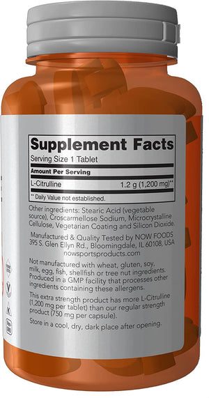 NOW Foods Sports L-Citrulline Extra Strength, 1200 mg, 120 Tablets