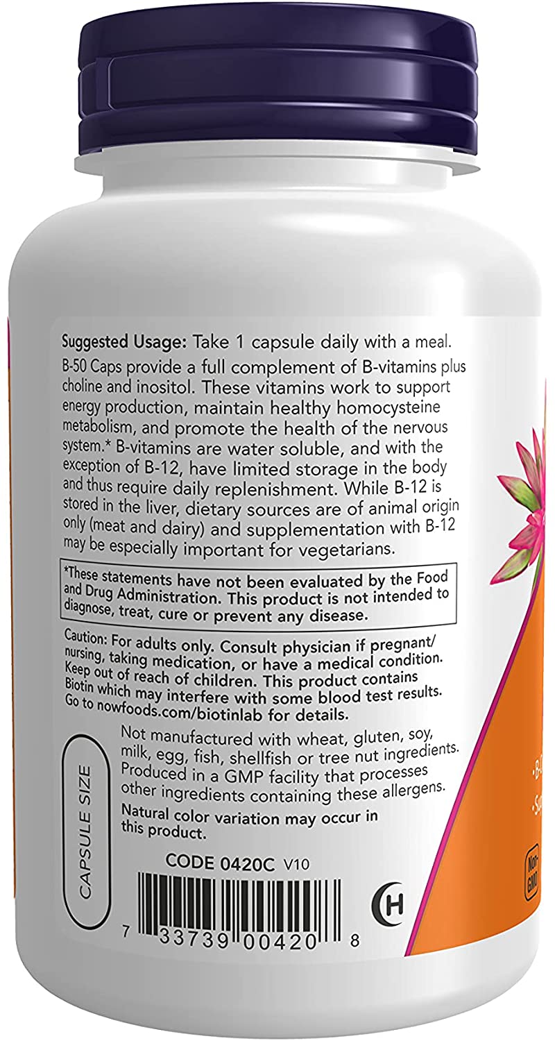 NOW Foods Supplements, Vitamin B-50 mg, Energy Production*, Nervous System Health*, 100 Veg Capsules