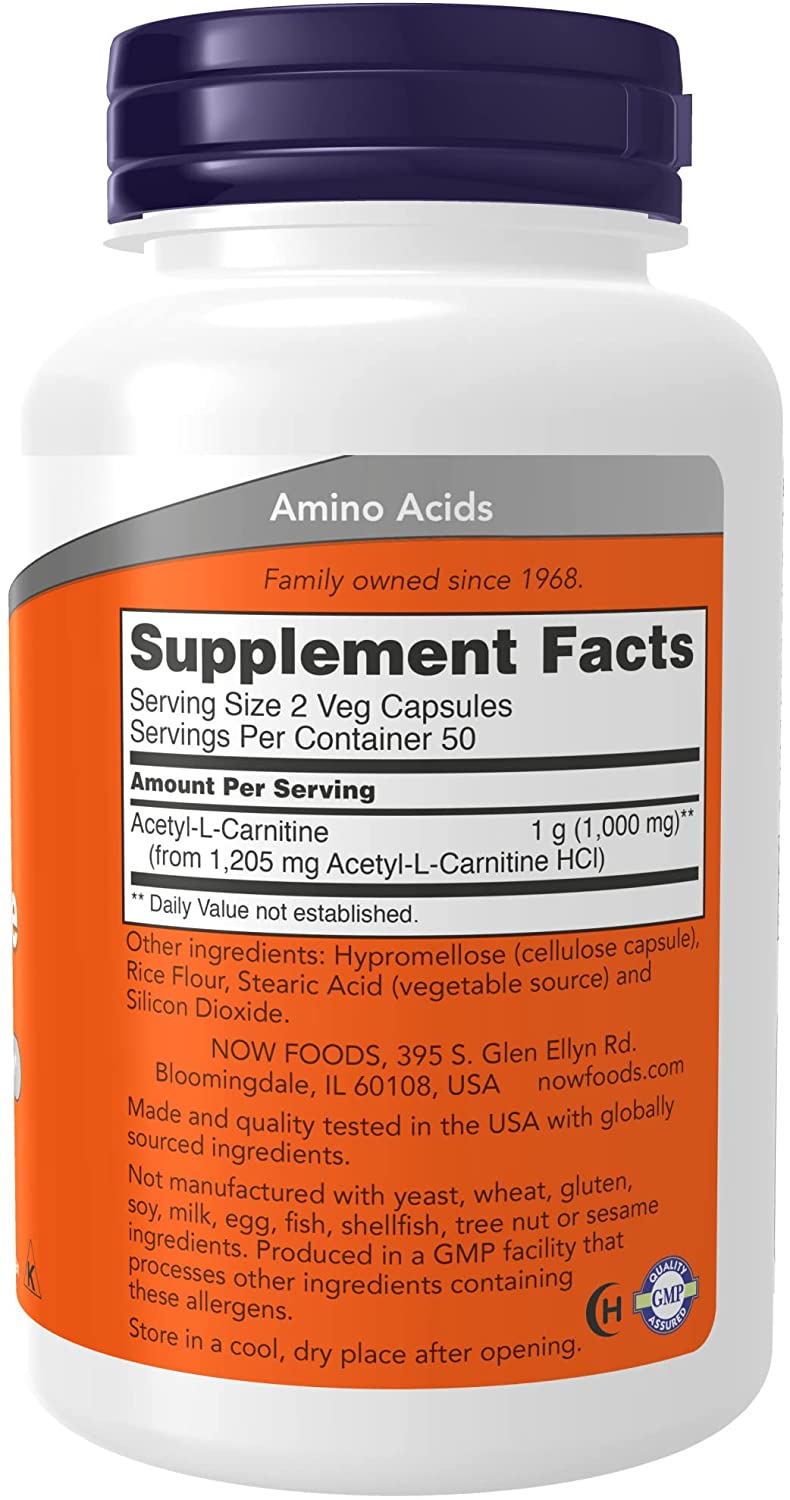 NOW Supplements, Acetyl-L Carnitine 500 mg, Amino Acid, Brain And Nerve Cell Function*, 100 Veg Capsules