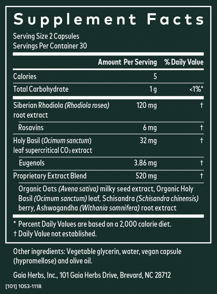 Gaia Herbs Adrenal Health Daily Support - with Ashwagandha, Holy Basil & Schisandra - Herbal Supplement to Help Maintain Healthy Energy and Stress Levels - 60 Liquid Phyto-Capsules (60 Count)