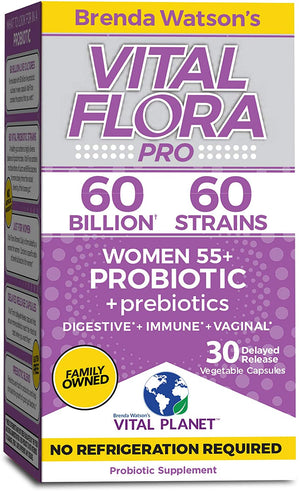 Vital Planet - Vital Flora Women 55+ Daily Shelf Stable Probiotic Supplement with 60 Billion Cultures and 60 Strains, Immune and Digestive Support Probiotics for Women with Prebiotic fiber, 30 Capsule