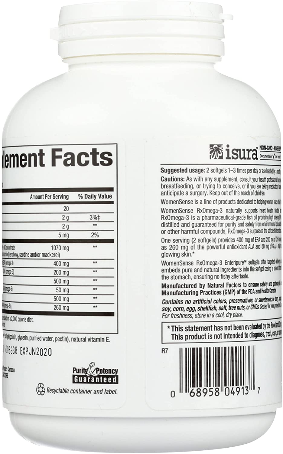 WomenSense by Natural Factors, RxOmega-3 Fish Oil, Supports a Healthy Heart and Joints with Primrose Oil, Omega-3 DHA and EPA, Gluten Free, 120 softgels (60 servings)