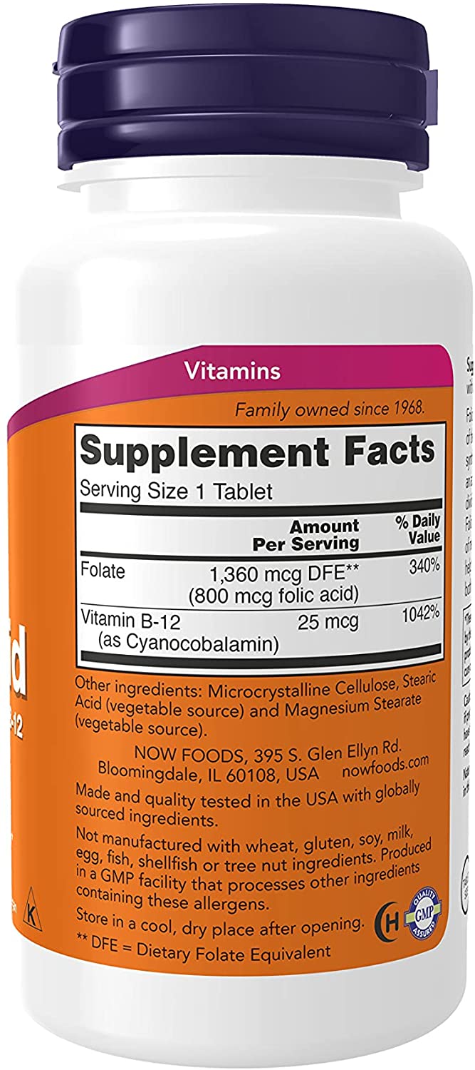 NOW Foods Supplements, Folic Acid 800 mcg + B-12 (Cyanocobalamin) 25 mcg, B Complex Vitamin, 250 Tablets