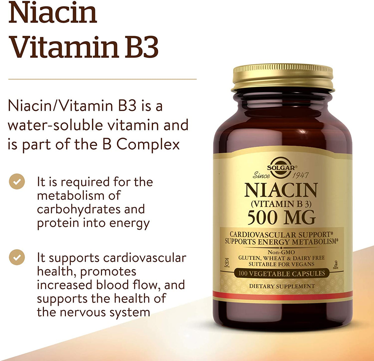 Solgar Niacin (Vitamin B3) 500 mg - 100 Vegetable Capsules - Supports Energy Metabolism - Non-GMO, Vegan, Gluten Free, Dairy Free, Kosher - 100 Servings