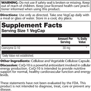 Solaray Pure CoQ-10 30 mg, Health Heart Function & Cellular Energy Support, Non-GMO, Vegan & Lab Verified for Purity, 30 VegCaps