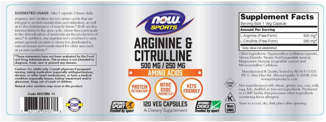 Now Foods Arginine &amp; Citrulline 500 mg / 250 mg 120Veg Capsules | Amino Acids