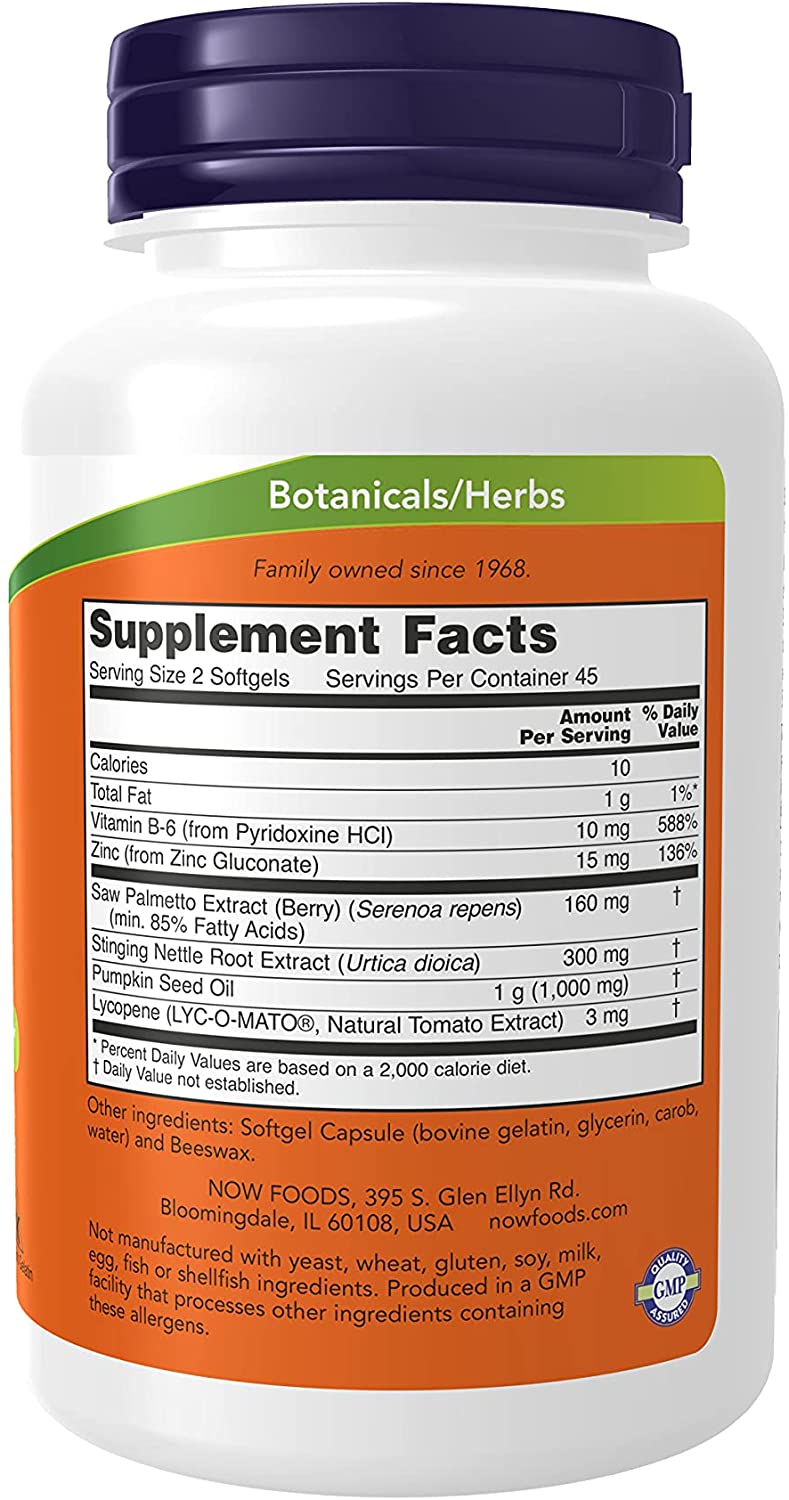 NOW Supplements, Prostate Support, with Standardized Saw Palmetto, Stinging Nettle &amp; Lycopene, 90 Softgels