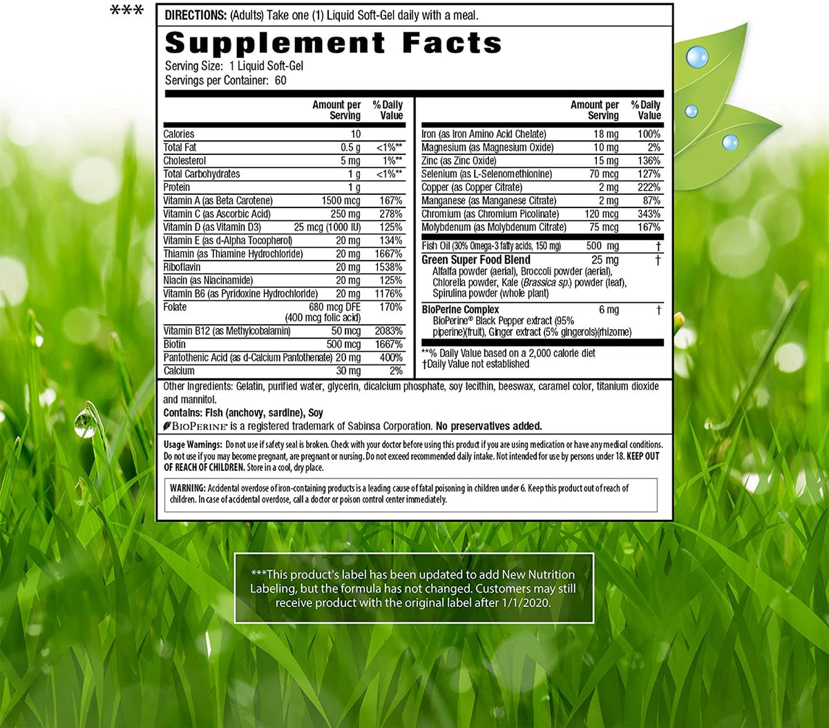 Irwin Naturals Only One Liquid-Gel Multi with Iron - 60 Liquid Softgels - Daily Essential Vitamins, Minerals, Antioxidants, Omega-3s &amp; Green Super Foods