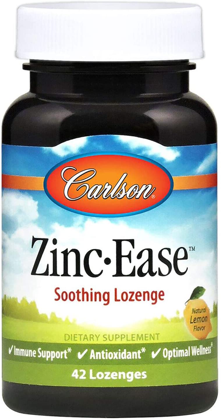 Carlson - Zinc-Ease, Soothing Lozenge, Immune Support &amp; Optimal Wellness, Antioxidant, Lemon, 42 Lozenges