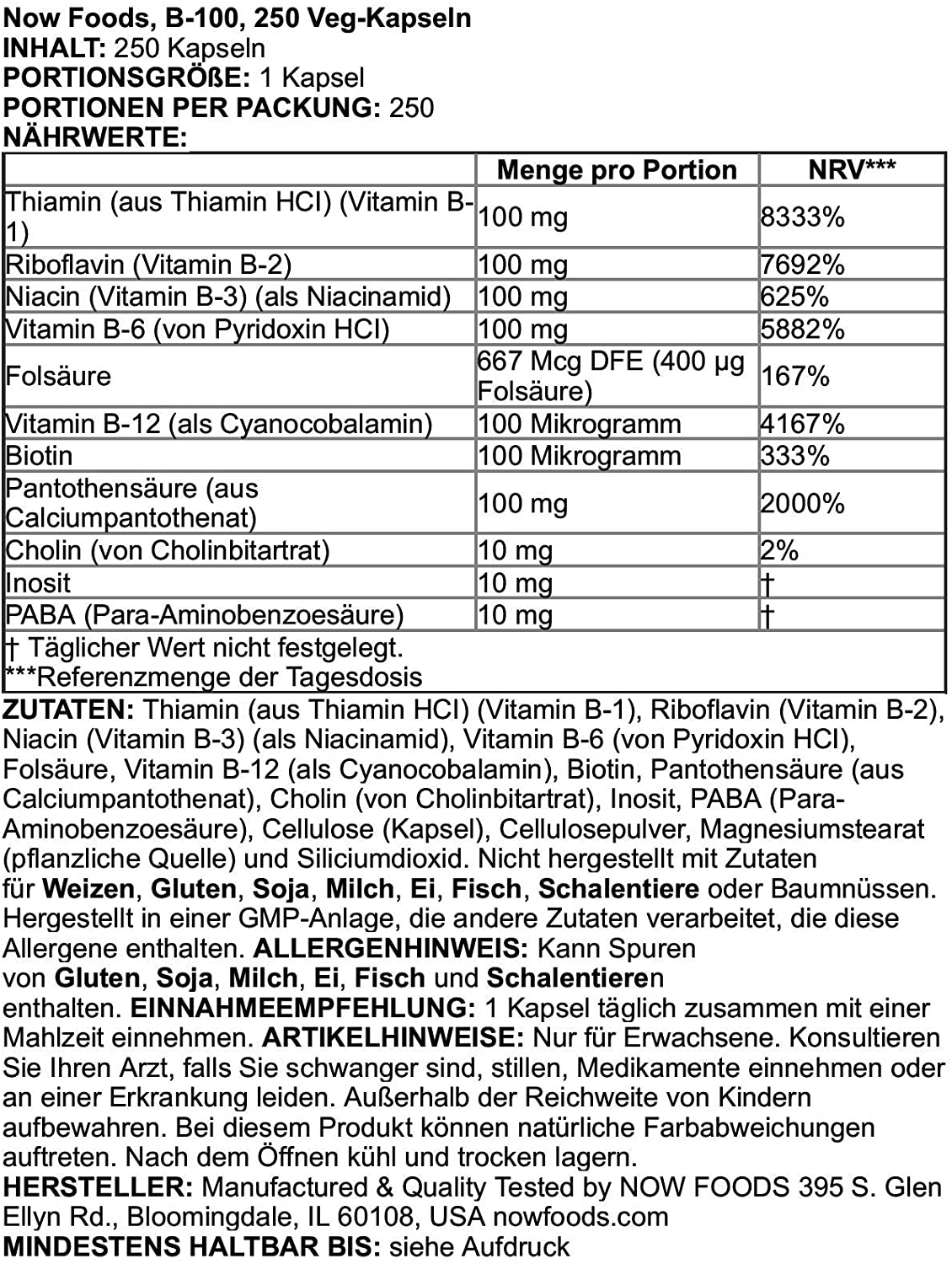 NOW Foods B-100, 250 Vegetarian Capsules