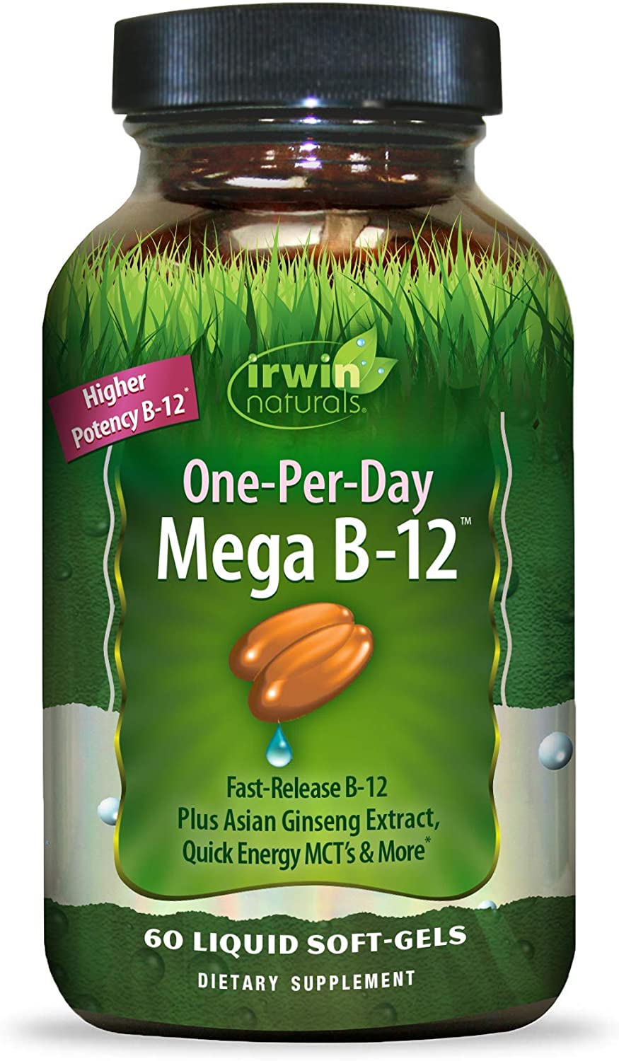 Irwin Naturals One-Per-Day Mega B-12 1,500mcg High Potency Methylcobalamin Vitamin - Fast Enhanced Absorption with MCT + Asian Ginseng - Natural Energy Boost - 60 Liquid Softgels