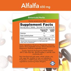 NOW Alfalfa, 650 mg, 250 Tablets