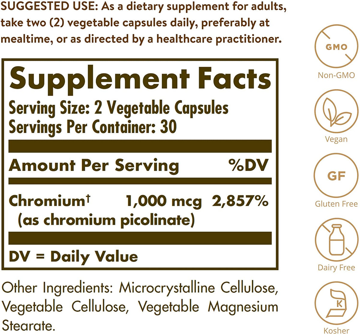 Solgar Chromium Picolinate 500 mcg - 60 Vegetable Capsules - Supports Sugar, Fat &amp; Protein Metabolism - Non-GMO, Gluten Free, Kosher - 30 Servings
