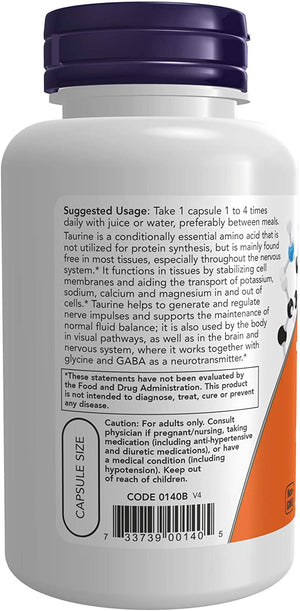 NOW Foods Taurine, 500 mg, 100 Capsules